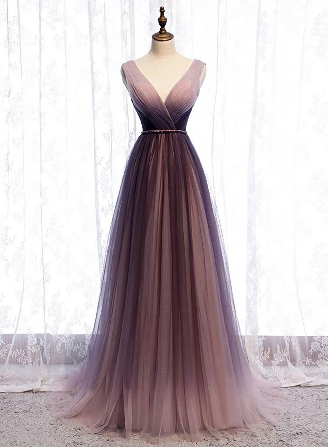 Spring Long V Neck A Line Dress, Halter Beaded Evening Dress, Prom Dresses