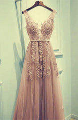 Lace Prom Dresses, Champagne Tulle Bridesmaid Dresses, Appliques