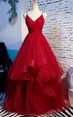 Elegant Tulle Red Straps Prom Dress, A Line Prom Dresses, Long Evening Dress, Burgundy Prom Dress