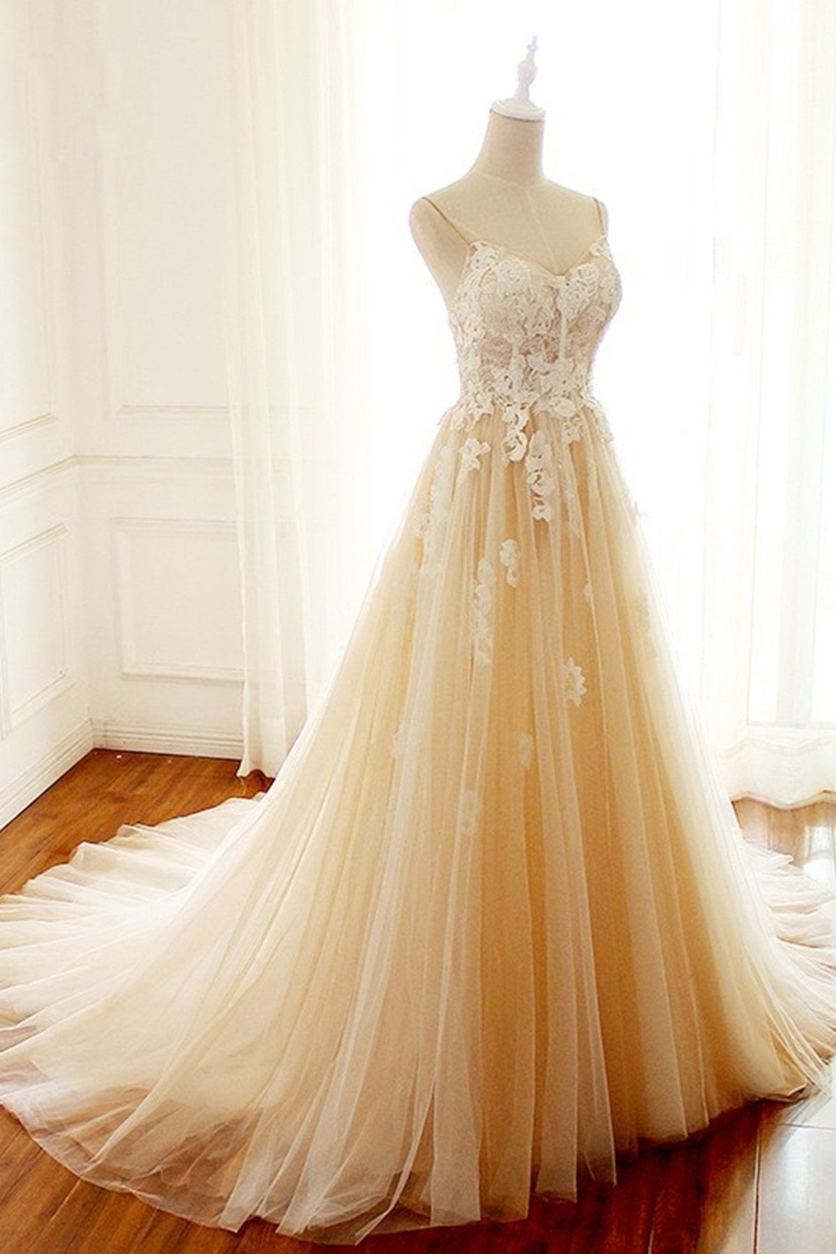 Champagne Long A-line Sweetheart Tulle Spaghetti Sweep Train Wedding Dress