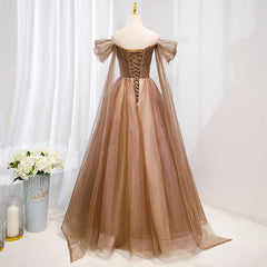 Champagne Off Shoulder Beaded A-line Tulle Long Party Dress, Long Evening Gown