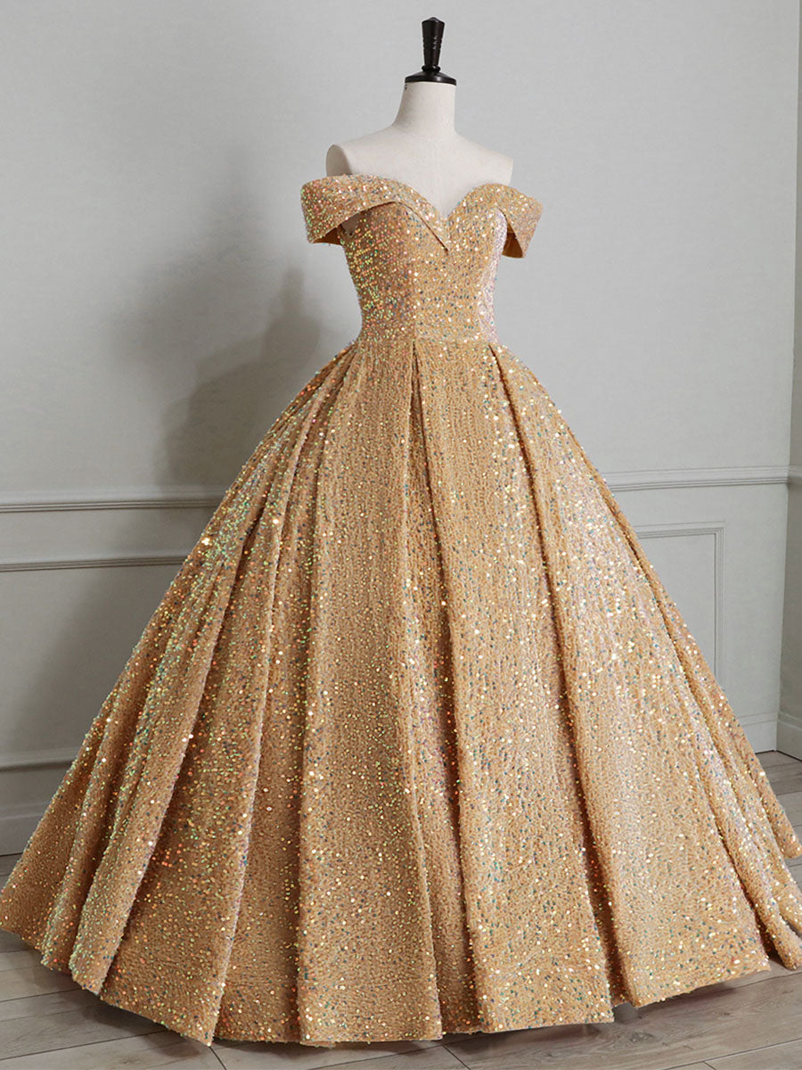 Champagne Off Shoulder Sequin Long Prom Dress, Champagne Formal Dress