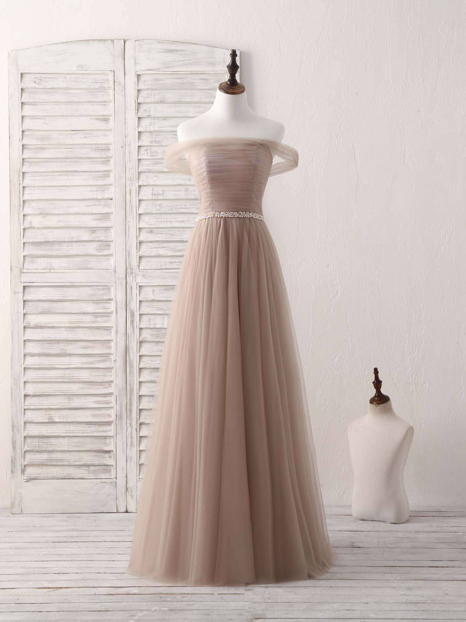 Champagne Off Shoulder Tulle Long Prom Dress, Champagne Evening Dress