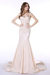 Champagne Satin Mermaid Spaghetti Straps Prom Dresses With Beading