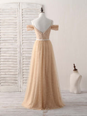 Champagne Tulle Long Bridesmaid Dress, Champagne Prom Dresses