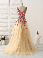 Champagne Tulle Long Prom Dress Lace Applique Evening Dress