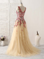 Champagne Tulle Long Prom Dress Lace Applique Evening Dress