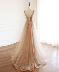 Champagne V Neck Tulle Beads Long Prom Dress Evening Dress