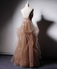 Champagne V Neck Tulle Lace Long Prom Dress, Champagne Graduation Dress