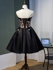 Charming Black Satin with Lace Applique Homecoming Dress, Knee Length Prom Dress