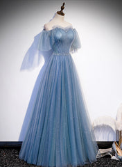 Charming Light Blue Tulle Puffy Sleeves Floor Length Party Dress, Blue A-line Pricess Gowns Prom Dress