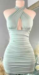 Cross halter Neckline Tight Dress,Sexy Birthday Outfit Dress,Mini Homecoming Dress