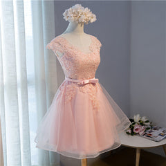 Custom Pink Lovely Cap Sleeves Knee Length Formal Dress, Pink Tulle Prom Dress