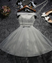 Cute Gray Lace Tulle Short Prom Dress, Gray Homecoming Dress