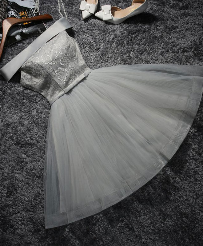 Cute Gray Lace Tulle Short Prom Dress, Gray Homecoming Dress