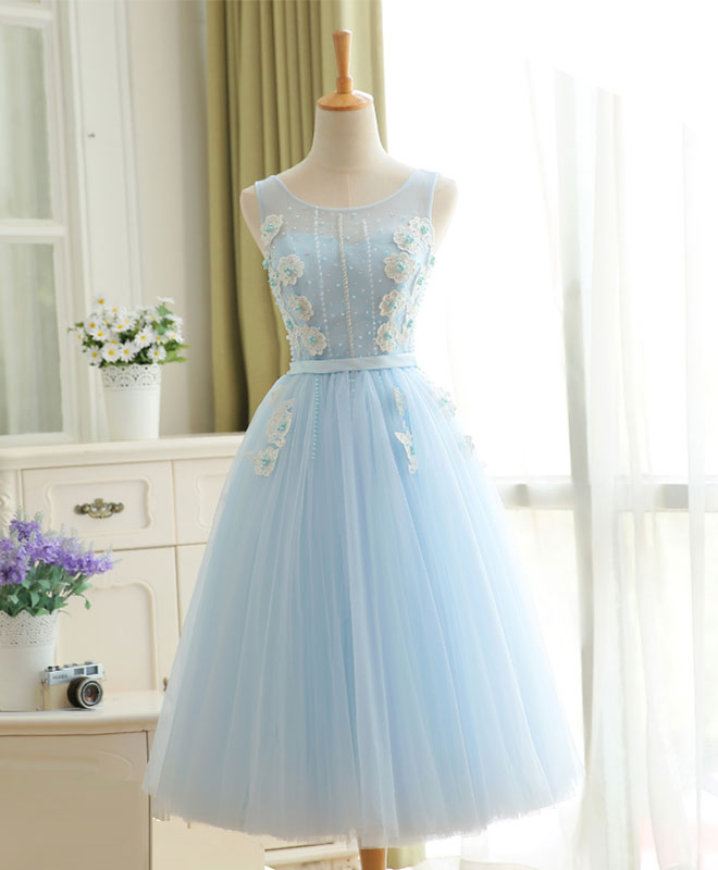 Cute Sky Blue Lace Tulle Short Prom Dress, Homecoming Dress