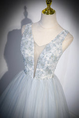 Cute V-Neck Tulle Long Prom Dress, Gray Evening Dress Party Dress