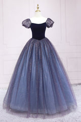 Cute Velvet Tulle Long Prom Dress, A-Line Short Sleeve Graduation Dress