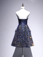 Dark Blue A-Line Sequin Lace Short Prom Dress, Blue Homecoming Dress