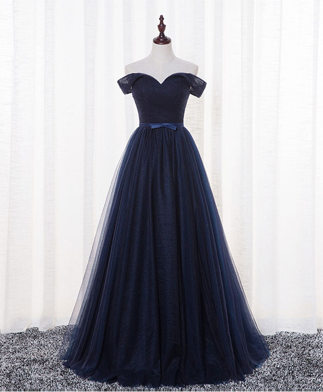 Dark Blue A Line Tulle Long Prom Dress, Evening Dress