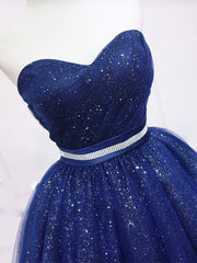 Dark Blue Sweetheart Neck Tulle Sequin Short Prom Dress Blue Puffy Homecoming Dress