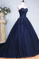 Dark Blue Tulle Lace Princess Dress, A-Line Strapless Long Prom Dress