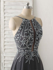 Dark Gray Sequin Beads Long Prom Dress Backless Evening Dress