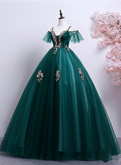 Dark Green Off Shoulder Tulle Party Dress with Lace, Green Formal Dress Prom Dress