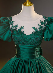 Dark Green Satin Ball Gown Sweet 16 Dress, Green Long Formal Dress Party Dress