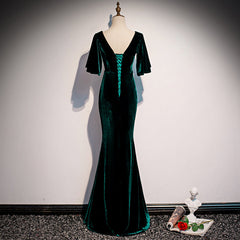 Dark Green Velvet Mermaid Slit V-neckline Formal Dress Party Dress, Long Evening Dresses