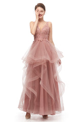 Double V-Neck Beaded Applique Layered Tulle Prom Dresses