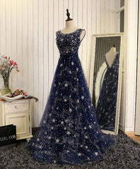 Blue Beaded Sequins Long Prom Dress, Blue Evening Dress