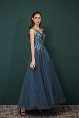 Dusty Blue Tulle A-line Low back Spaghetti strap Prom Dresses