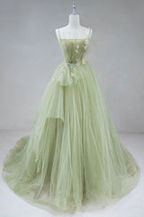 Elegant A Line Open Back Green Tulle Long Prom Dresses, Green Formal Graduation Evening Dresses