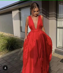 Elegant A line V Neckline Long Red Prom Dress 22th Birthday Outfits