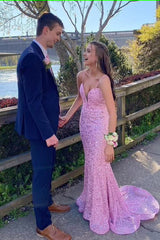 Elegant Mermaid Sequin Pink Long Prom Dresses Formal Dress