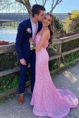 Elegant Mermaid Sequin Pink Long Prom Dresses Formal Dress