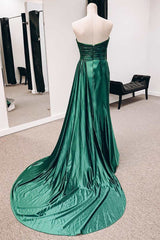 Emerald Green Satin Strapless Long Formal Dresses with Train