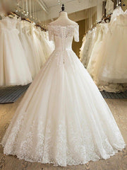 Floor Length Applique Ball Gown Off the Shoulder Lace Tulle 1/2 Sleeves Wedding Dresses