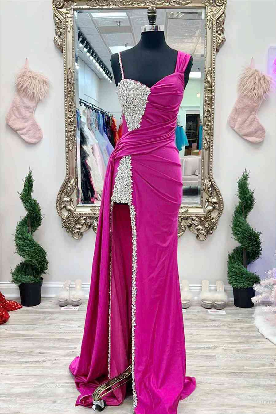 Chic Fuchsia Beaded Long Porm Dress