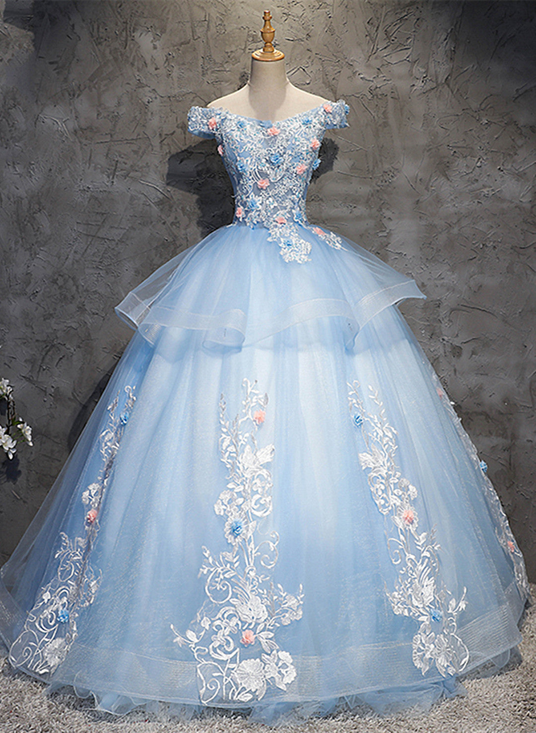 Glam Blue Ball Gown Tulle with Lace and Flowers Sweet 16 Dress, Blue Formal Dress