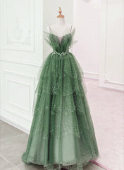 Glam Green Layers Tulle Straps Beaded Long Party Dress, Green Long Formal Dress