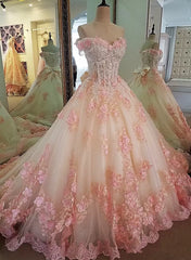 Glam Pink Flowers Tulle Off Shoulder Sweet 16 Dress, Ball Gown Formal Dress