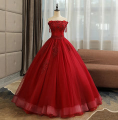 Glam Wine Red Quinceanera Dress Party Dress, Tulle Long  Embroidered with Flowers Formal Dress