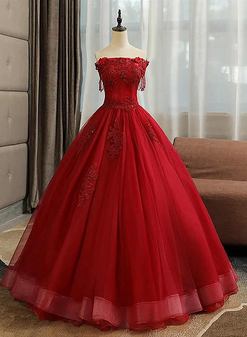 Glam Wine Red Quinceanera Dress Party Dress, Tulle Long  Embroidered with Flowers Formal Dress