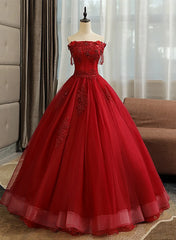 Glam Wine Red Quinceanera Dress Party Dress, Tulle Long  Embroidered with Flowers Formal Dress