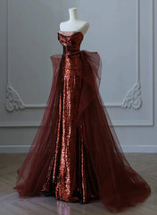 Glam Wine Red Sequins And Tulle Long Party Dress, Wine Red Evening Dress Prom Dress