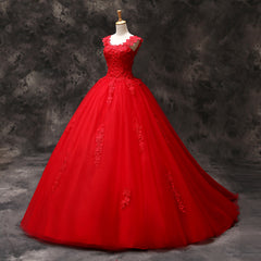 Gorgeous Red Tulle Ball Gown Long Formal Dress with Lace Flowers, Red Sweet 16 Dresses