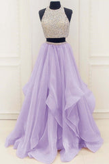 Gorgeous Round Neck Two Pieces Long Prom Dresses, 2 Pieces Formal Evening Dresses