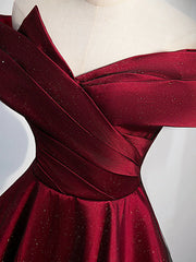 Gorgeous Wine Red Satin Off Shoulder Party Dress , Wine Red Prom Dresses